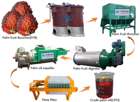 What are the process of and what machinery is used for crude palm oil extraction?